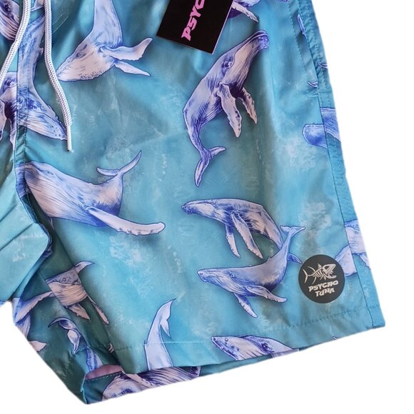 Psycho Tuna Humpback Whales Mens Large Swim Shorts Aqua Drawstring Pockets - Picture 7 of 8